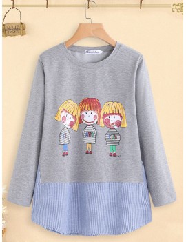 Cartoon Print Stripe Patchwork Long Sleeve Women T-shirt