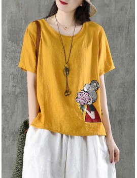 Cartoon Embroidered Irregular Short Sleeve O-neck T-shirts