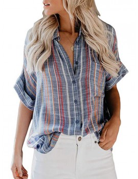 Bohemian Striped Print Button Short Sleeve Casual Blouse