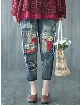 Cartoon Embroidery Distressed Pockets Casual Denim